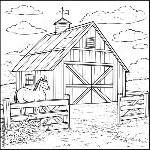 Farmhouse style Stable coloring book design, Farmhouse style Stable vector graphic