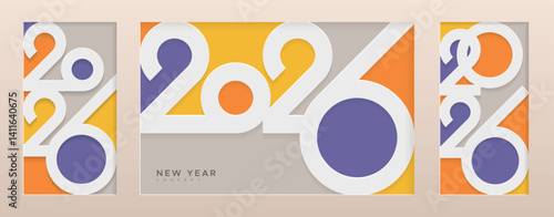 Modern design of 2026 for New Year greeting, Cover, Banner, Art wall, Greeting card dan social media template. Paper cut of number 2026 on frame concept. Happy new year 2026