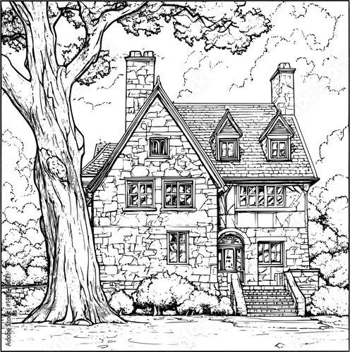 Tudor style Inn coloring book design, Tudor style Inn vector graphic