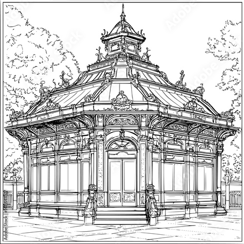 Victorian style Bus terminal coloring book design, Victorian style Bus terminal vector graphic