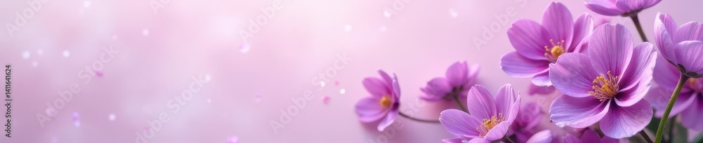 Delicate purple blooms arranged on soft pastel backdrop Ample copy space , botany, spring Delicate purple blooms arranged on soft pastel backdrop Ample copy space , botany, spring