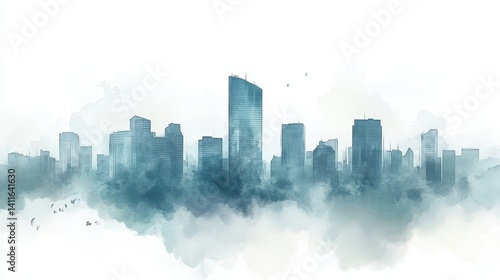 Fototapeta Naklejka Na Ścianę i Meble -  Misty cityscape skyline, painted in soft watercolors.