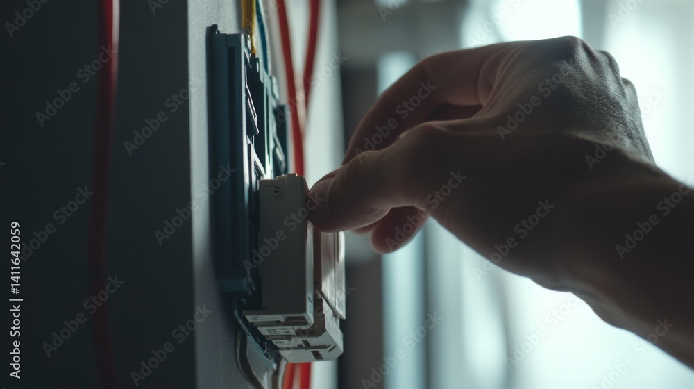 Naklejka premium Electrician replacing circuit breaker. Indoor home renovation site