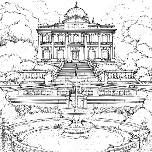 Baroque style Fountain house coloring book design, Baroque style Fountain house vector image