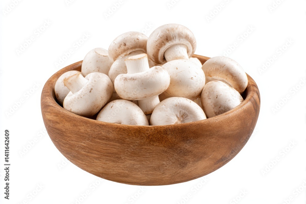 Mushrooms in wooden bowl isolated on white background Mushrooms in wooden bowl isolated on white background