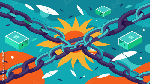 A tangle of unbreakable chains encircling a torrent of confidential digital data.. Vector illustration
