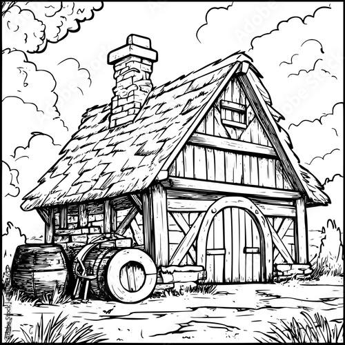 Farmhouse style Blacksmith shop coloring book design, Farmhouse style Blacksmith shop vector image