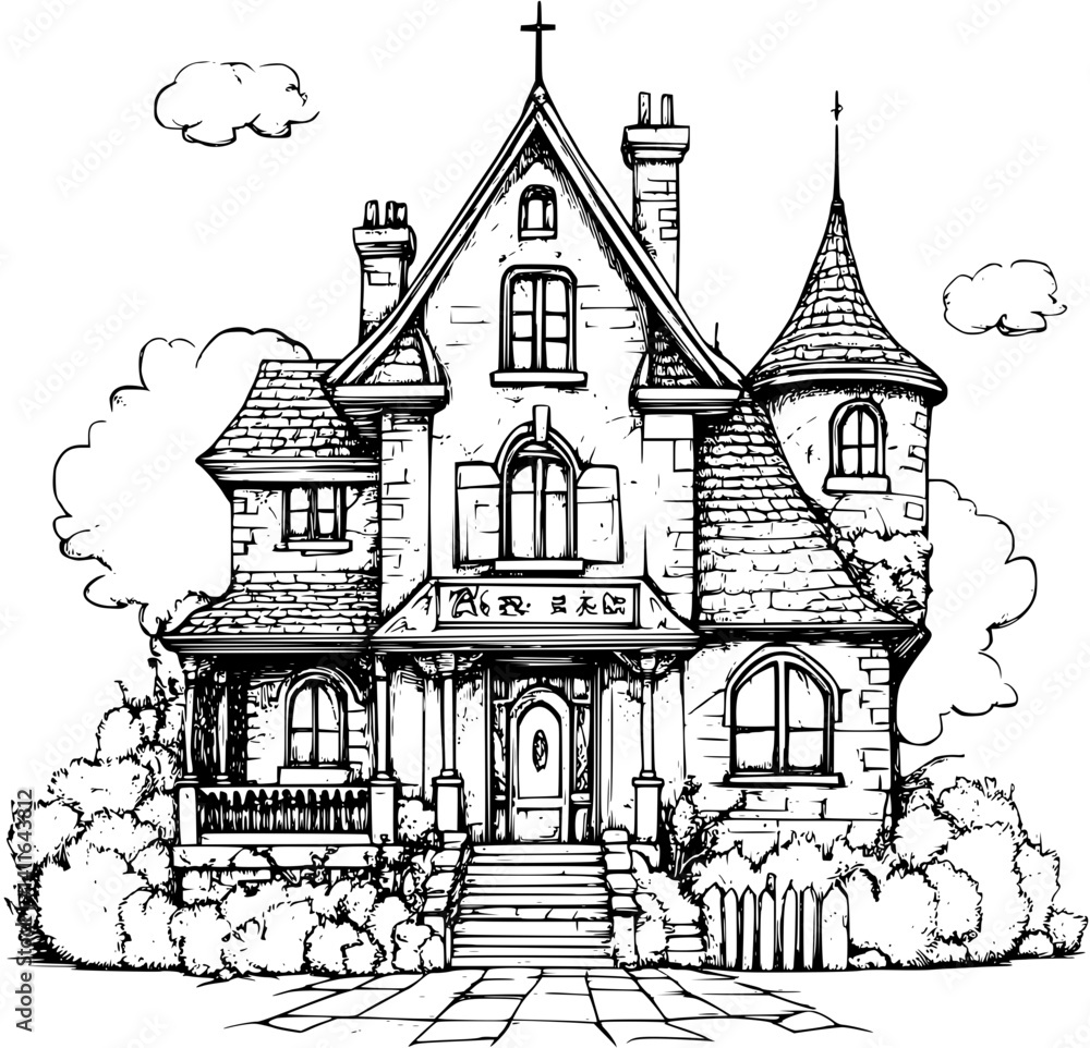 Obraz premium Gothic style Hospital coloring book design, Gothic style Hospital vector image