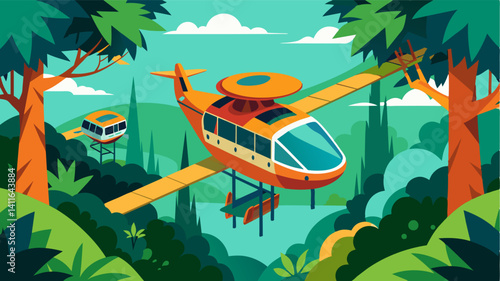 For those who prefer a more adventurous mode of transportation eVTOLs offer thrilling rides through the rainforest canopy giving adrenaline junkies a rush of excitement.. Vector illustration