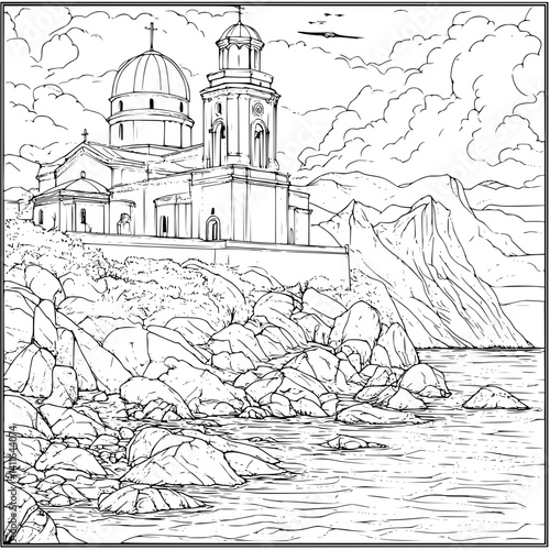 Mediterranean style Monastery coloring book design, Mediterranean style Monastery vector image