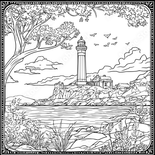 Mediterranean style Lighthouse coloring book design, Mediterranean style Lighthouse vector image
