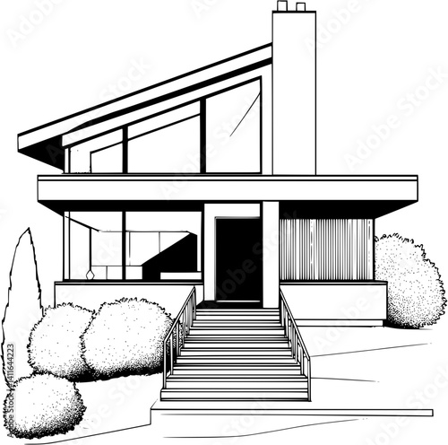 Mid-Century Modern style House coloring book design, Mid-Century Modern style House vector image