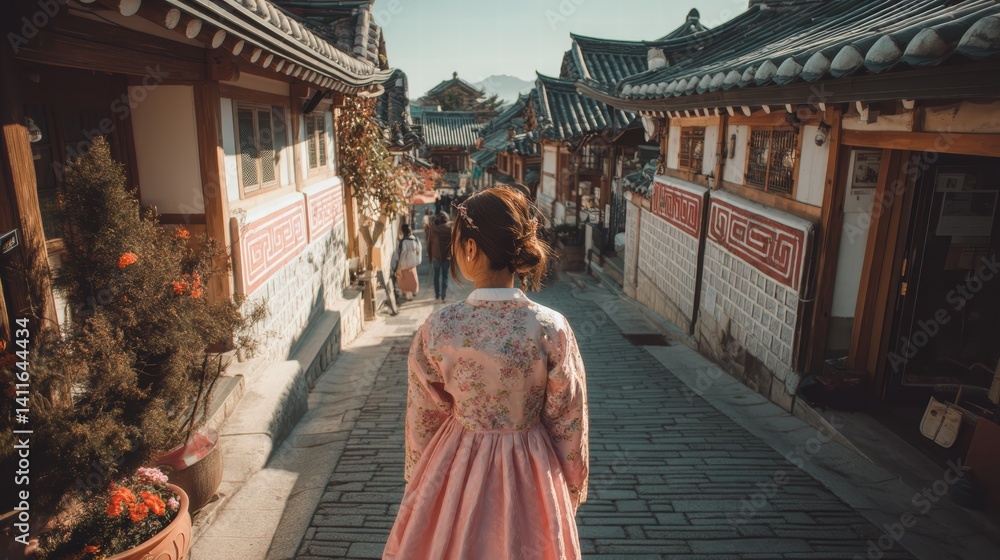 Fototapeta premium Back view of korean asian woman in traditional korean dress or hanbok dress walking in old palace in night with full moon, Seoul city, South Korea,copy space.