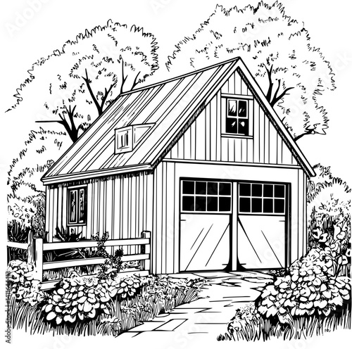 Modern Farmhouse style Garage coloring book design, Modern Farmhouse style Garage vector image