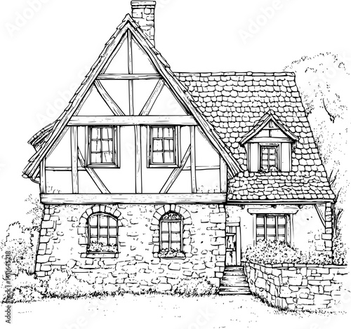 Tudor style Tavern coloring book design, Tudor style Tavern vector image