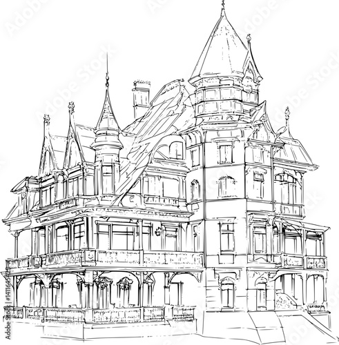 Victorian style Hotel coloring book design, Victorian style Hotel vector image