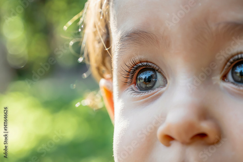 Child’s innocent eye, wide and curious, soft sunlight reflection, heartwarming realism