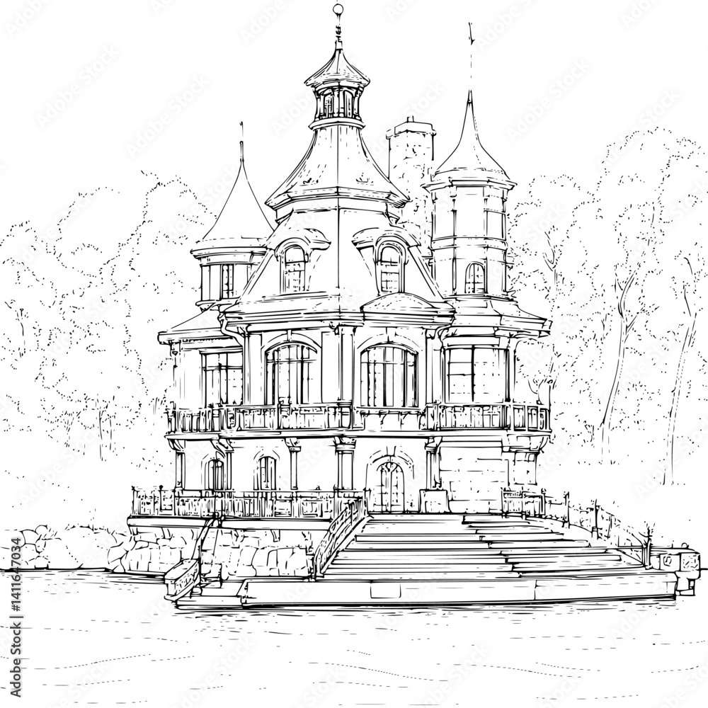 Obraz premium Contemporary style Boathouse coloring book design, Contemporary style Boathouse vector illustration