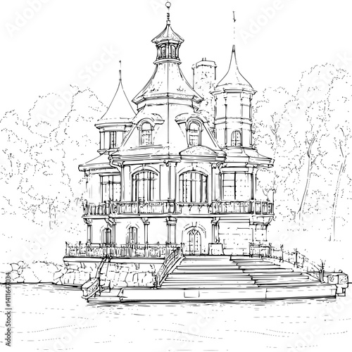 Contemporary style Boathouse coloring book design, Contemporary style Boathouse vector illustration