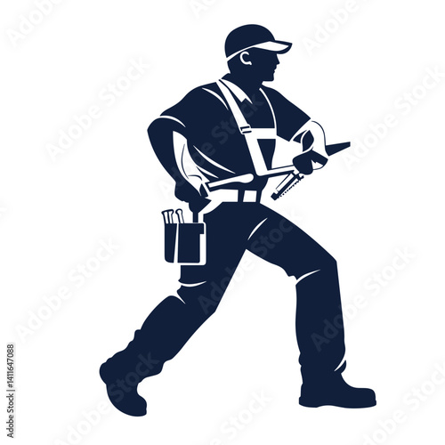 Silhouette of a male construction worker in action, showcasing his tools while moving with purpose.