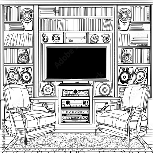 Contemporary style Media center coloring book design, Contemporary style Media center vector illustration