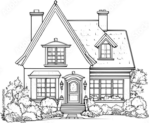 Craftsman style Community hall coloring book design, Craftsman style Community hall vector illustration