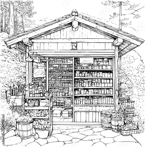 Craftsman style General store coloring book design, Craftsman style General store vector illustration