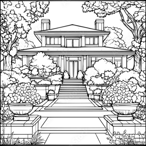 Craftsman style Foursquare coloring book design, Craftsman style Foursquare vector illustration