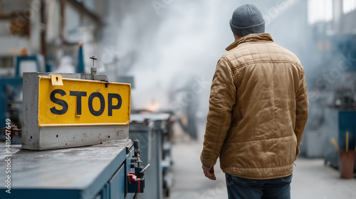 Factory Caution: A worker i...