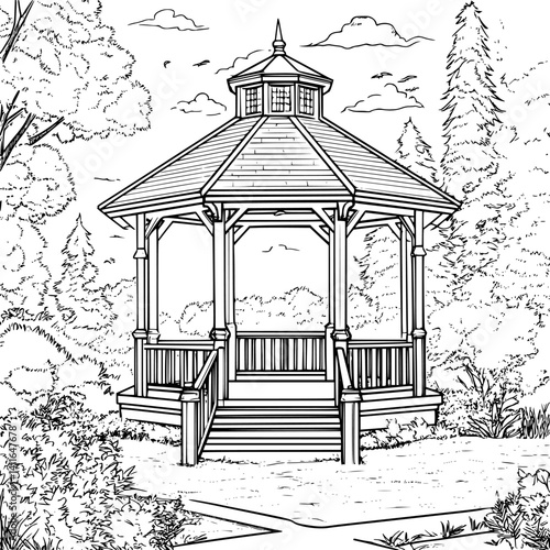Craftsman style Gazebo coloring book design, Craftsman style Gazebo vector illustration