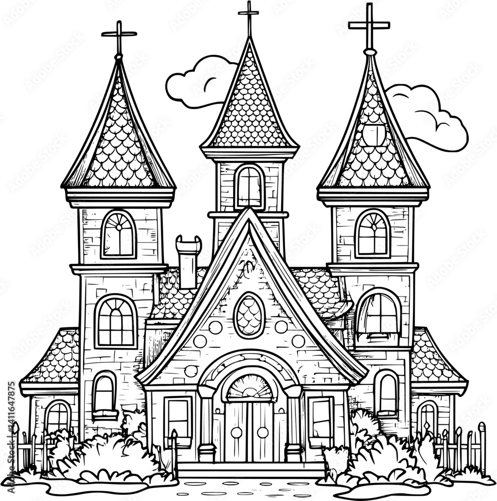 Fototapeta premium Gothic style Monastery coloring book design, Gothic style Monastery vector illustration