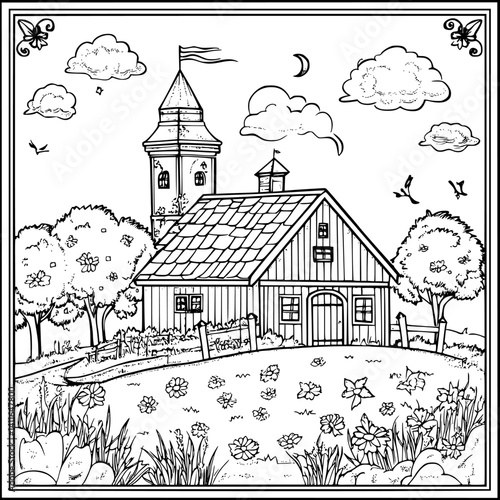 Farmhouse style Stable coloring book design, Farmhouse style Stable vector illustration