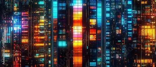 Vibrant city skyline with illuminated skyscrapers.