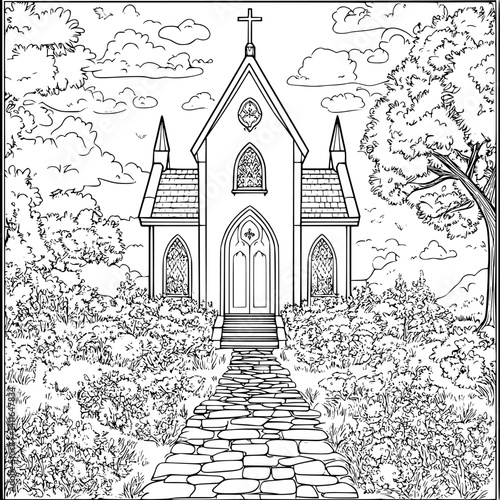 Gothic style Chapel coloring book design, Gothic style Chapel vector illustration