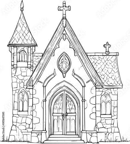 Gothic style Gate house coloring book design, Gothic style Gate house vector illustration