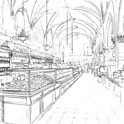 Gothic style Market hall coloring book design, Gothic style Market hall vector illustration