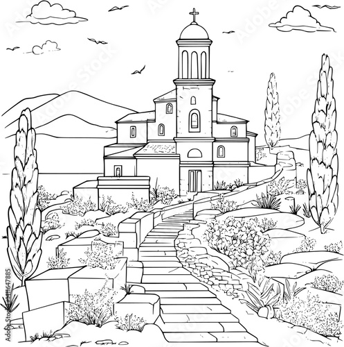Mediterranean style Chapel coloring book design, Mediterranean style Chapel vector illustration