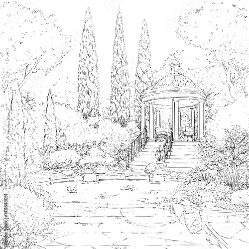 Mediterranean style Garden folly coloring book design, Mediterranean style Garden folly vector illustration