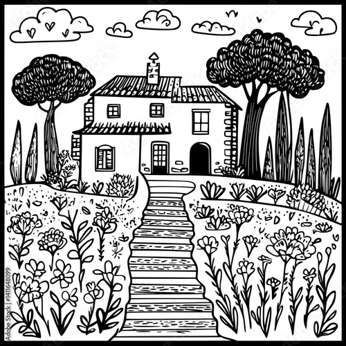 Mediterranean style Hacienda coloring book design, Mediterranean style Hacienda vector illustration