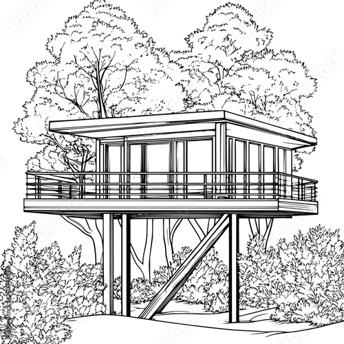 Mid-Century Modern style House coloring book design, Mid-Century Modern style House vector illustration