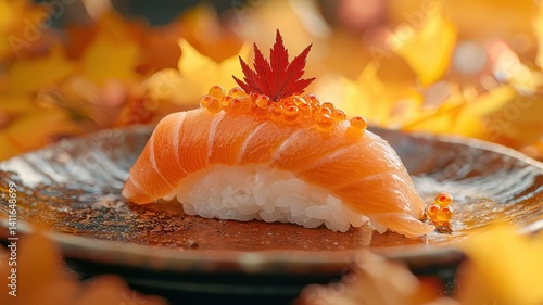 International sushi day with Japanese nigiri idea. Delicious autumn-themed sushi with vibrant toppings on a decorative plate.