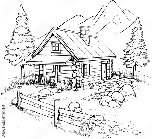 Ranch style Lodge coloring book design, Ranch style Lodge vector illustration