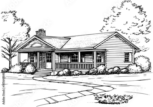 Ranch style House coloring book design, Ranch style House vector illustration