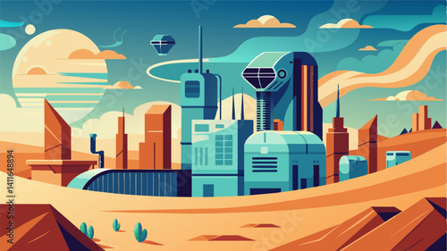 The futuristic desert city was a testament to the advancements in cooling technology with buildings designed to circulate cool air in the ing heat.. Vector illustration