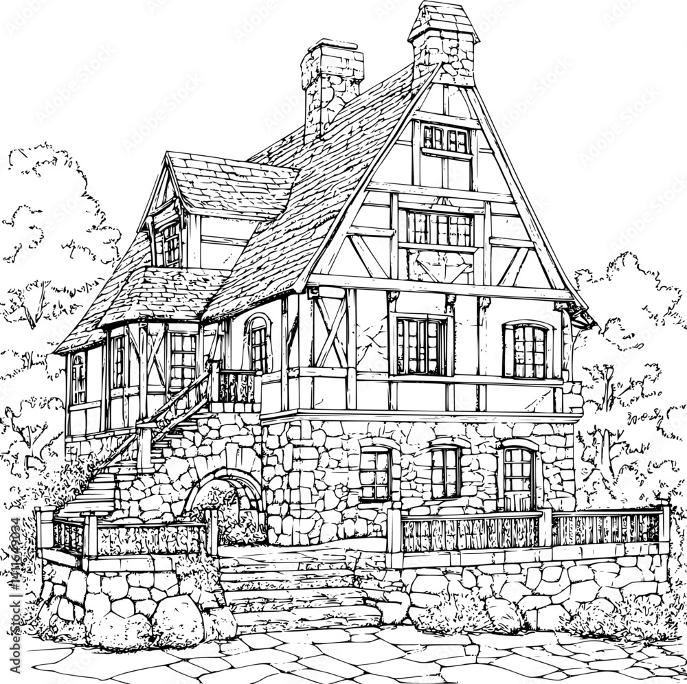Fototapeta premium Tudor style Manor house coloring book design, Tudor style Manor house vector illustration