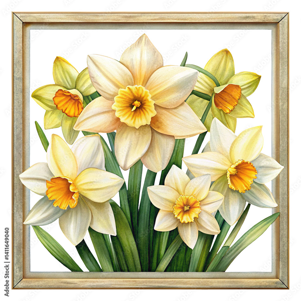 Fototapeta premium Elegant Daffodil Floral Arrangement Framed Watercolor Art on a Trensprent Background png