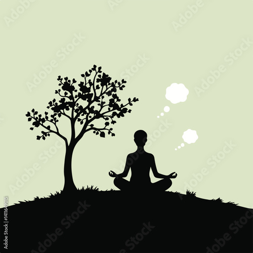 Classic black and white flat vector design. Silhouette of a person meditating under a tree, minimalist style, with abstract floating thought bubbles.  Calm and serene mood.eps