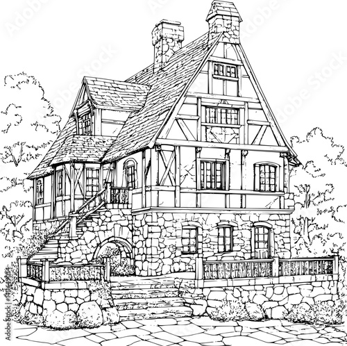 Tudor style Manor house coloring book design, Tudor style Manor house vector illustration