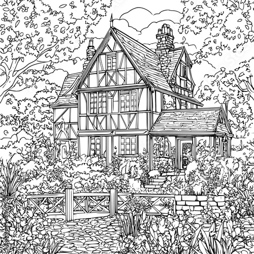 Tudor style Inn coloring book design, Tudor style Inn vector illustration
