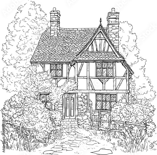Tudor style School coloring book design, Tudor style School vector illustration